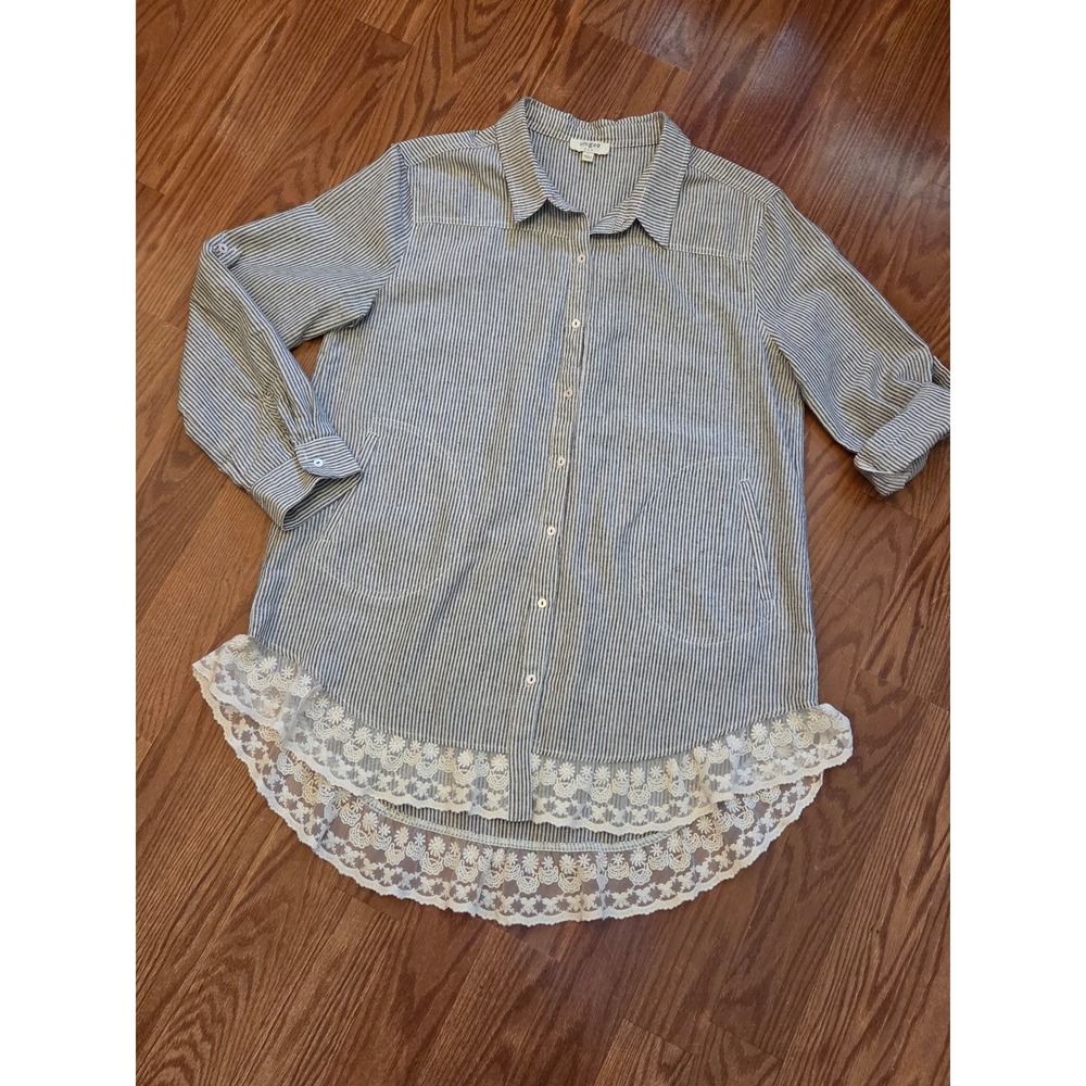 Umgee Striped Lace Trim Tunic Shirt Women's Size L Button Down Roll Tab Sleeve